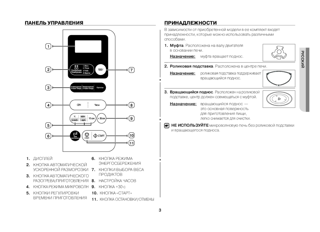 Samsung MW73ER-1X/BWT, MW73ER-1/BWT manual Панель управления, Принадлежности, Кнопка +30 с, Назначение вращающийся поднос 