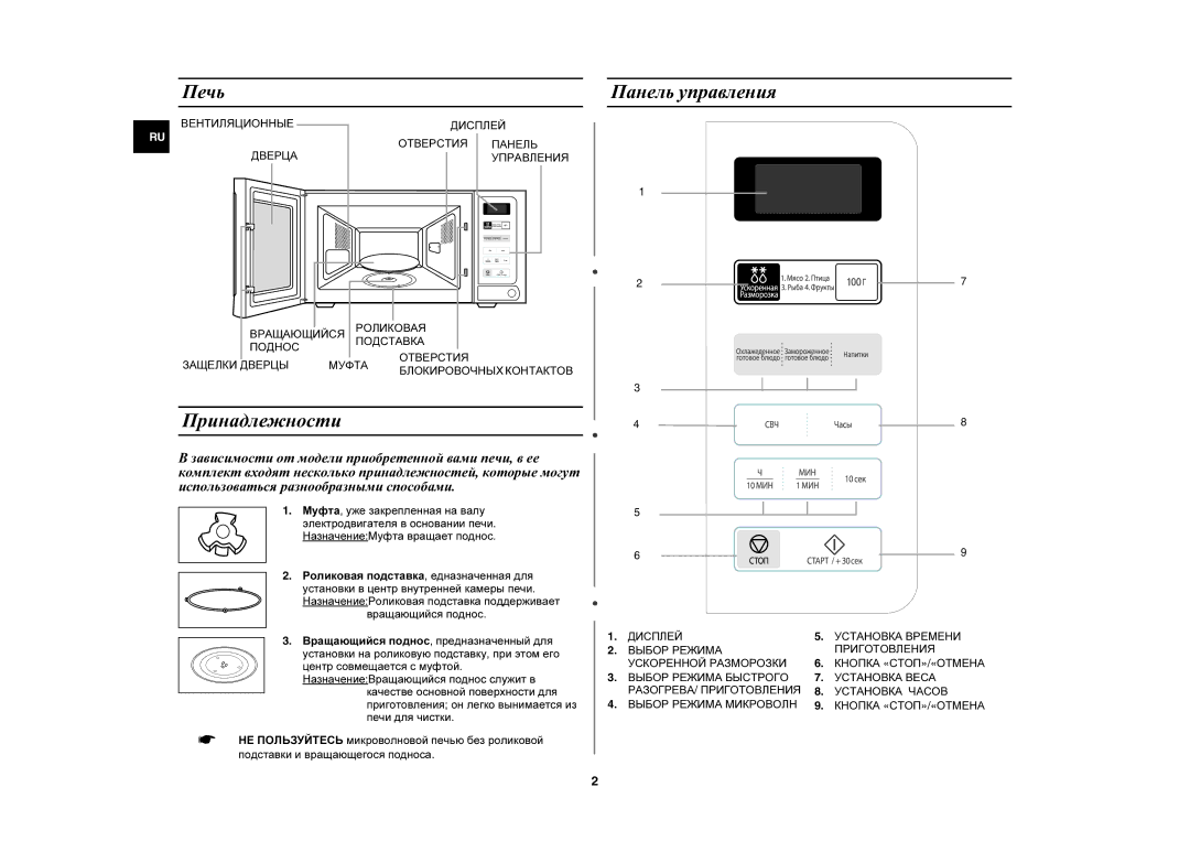 Samsung MW73ER-SB/BWT manual Печь, Панель управления, Принадлежности 