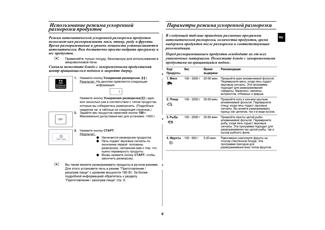 Samsung MW73ER-SB/BWT manual Использование режима ускоренной разморозки продуктов 