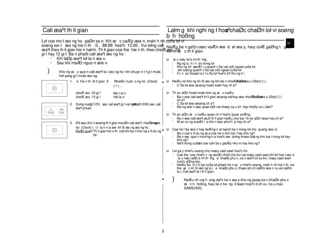 Samsung MW73E/XSV manual Caøi ñaët thôøi gian, Khi laép ñaët loø laàn ñaàu Sau khi maát nguoàn ñieän 