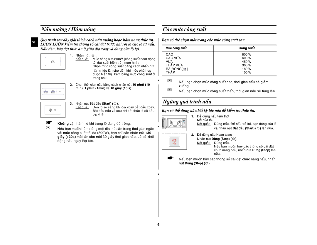 Samsung MW73E/XSV manual Naáu nöôùng / Haâm noùng Caùc möùc coâng suaát, Ngöøng quaù trình naáu, Coâng suaát 