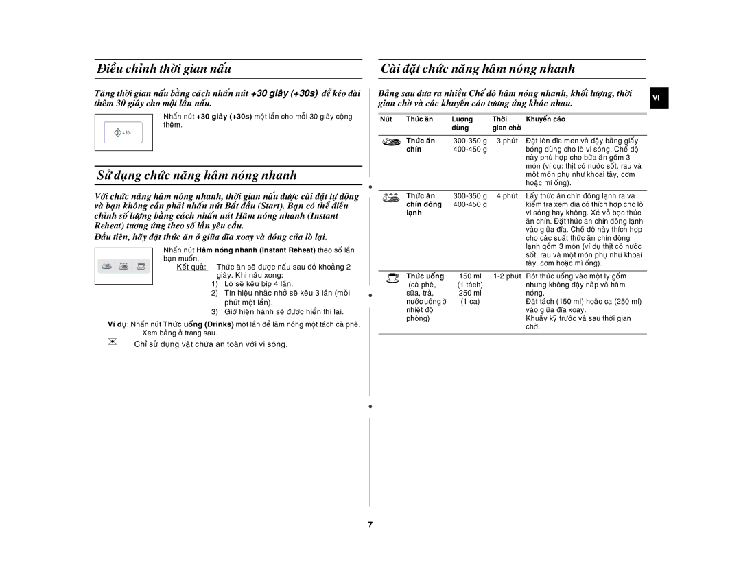 Samsung MW73E/XSV manual Ñieàu chænh thôøi gian naáu, Chæ söû duïng vaät chöùa an toaøn vôùi vi soùng 