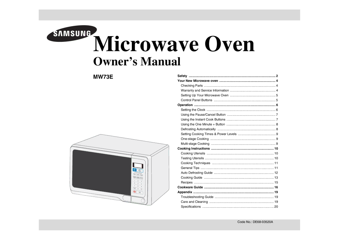 Samsung MW73E/XSG, MW73E/ZAM manual Microwave Oven 