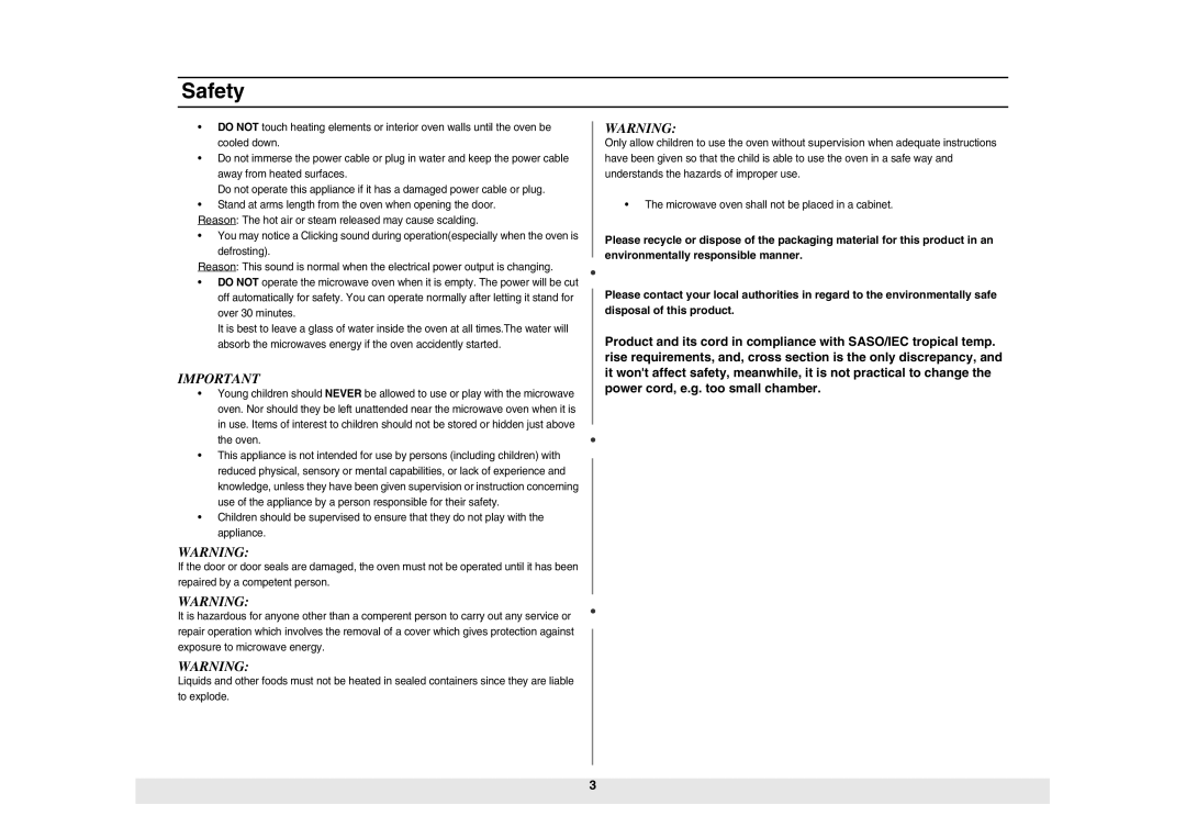 Samsung MW73E/XSG, MW73E/ZAM manual Safety 