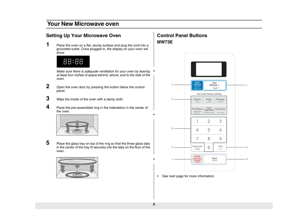 Samsung MW73E/XSG, MW73E/ZAM manual Setting Up Your Microwave Oven, Control Panel Buttons 