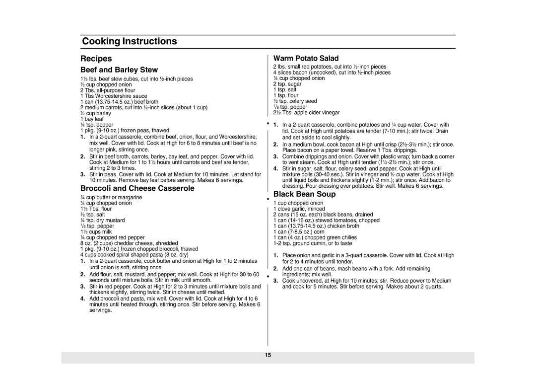 Samsung MW73E/XSG, MW73E/ZAM manual Recipes, Beef and Barley Stew, Broccoli and Cheese Casserole, Black Bean Soup 