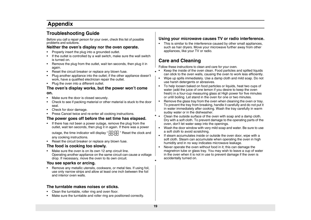 Samsung MW73E/XSG, MW73E/ZAM manual Appendix, Troubleshooting Guide, Care and Cleaning 