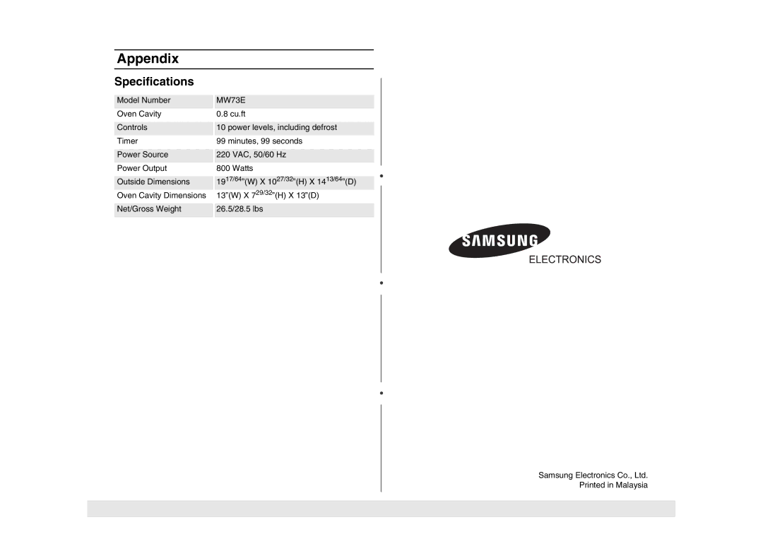 Samsung MW73E/ZAM, MW73E/XSG manual Specifications 