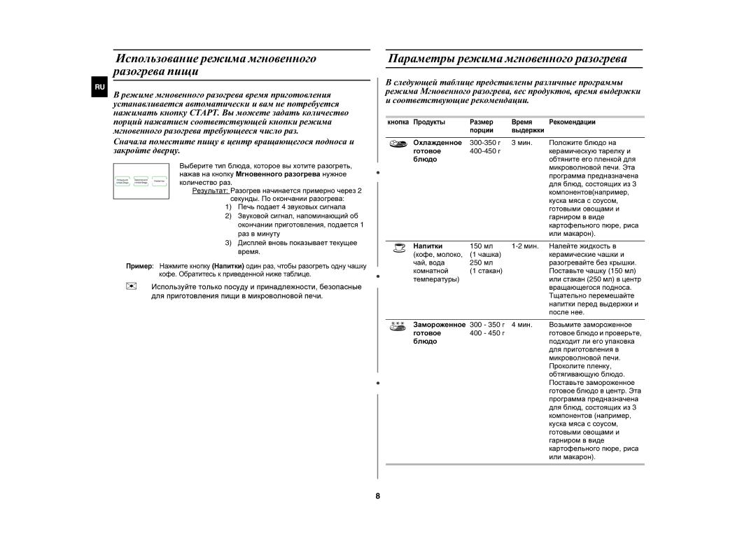 Samsung MW74VR/BWT manual Использование режима мгновенного разогрева пищи, Параметры режима мгновенного разогрева 