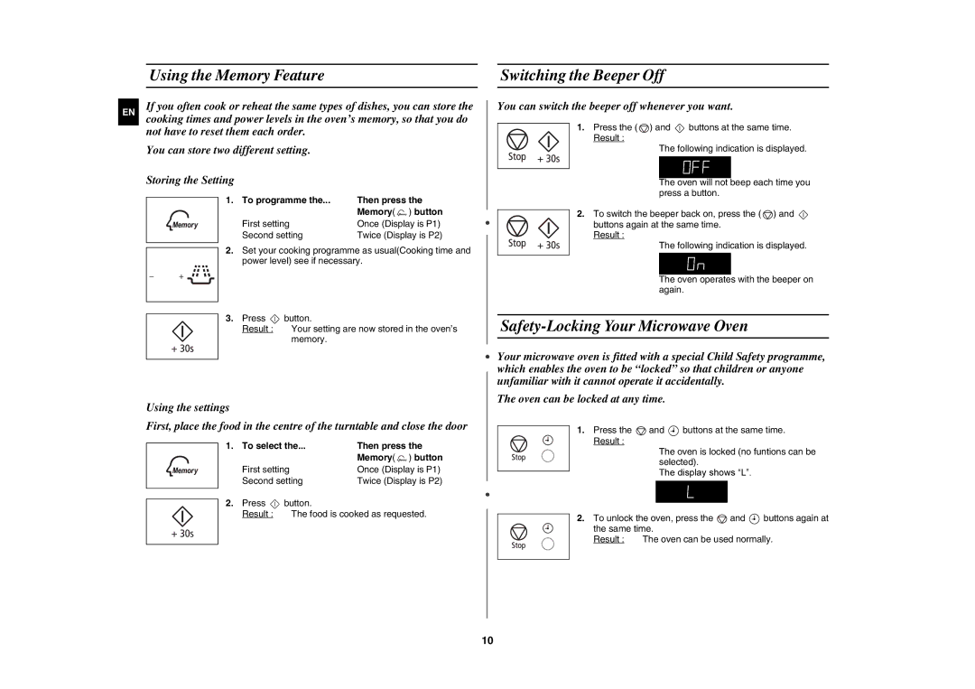 Samsung MW76N-B/ELE manual Using the Memory Feature Switching the Beeper Off, Safety-Locking Your Microwave Oven 