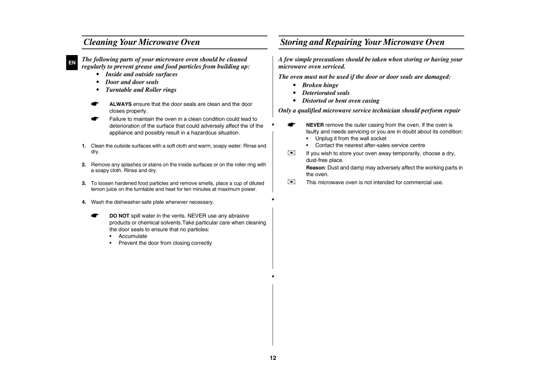Samsung MW76N-B/ELE manual Cleaning Your Microwave Oven, Storing and Repairing Your Microwave Oven 