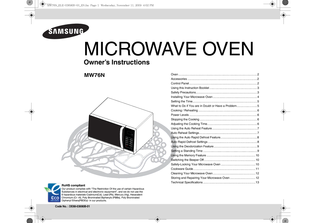 Samsung MW76N-B/ELE manual Microwave Oven 