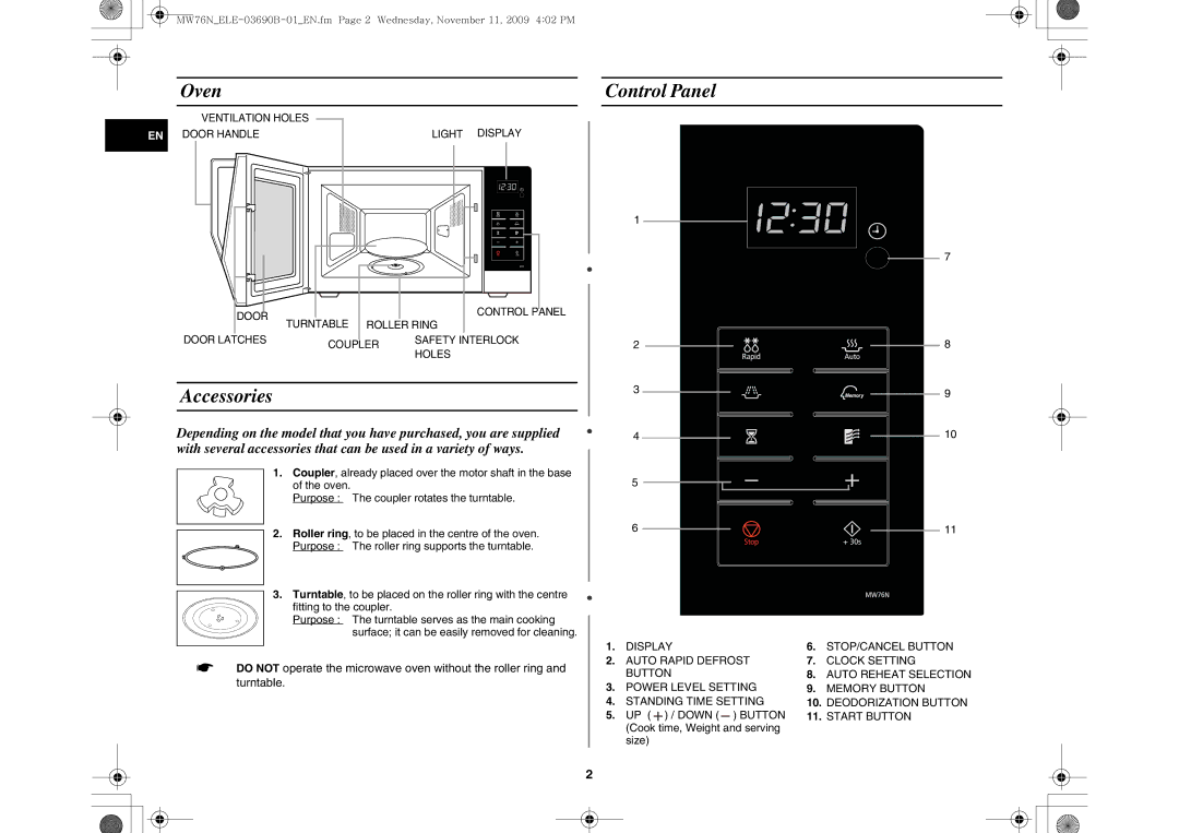 Samsung MW76N-B/ELE manual Oven, Control Panel, Accessories 