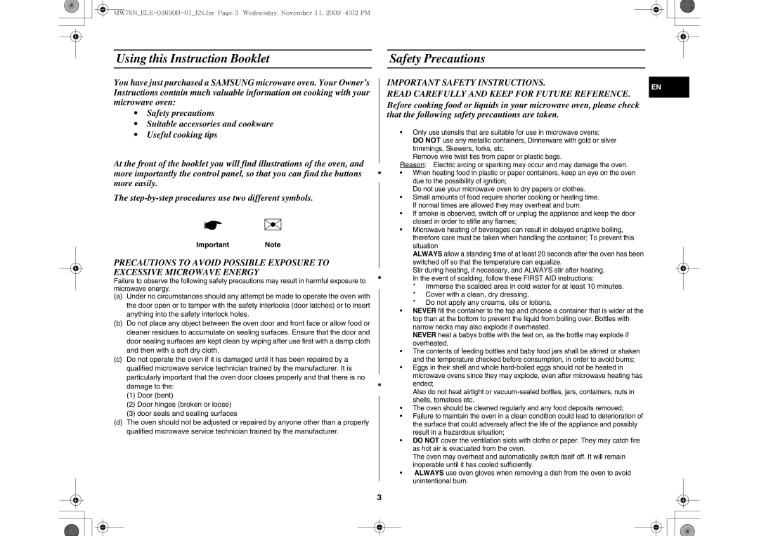 Samsung MW76N-B/ELE manual Using this Instruction Booklet Safety Precautions 