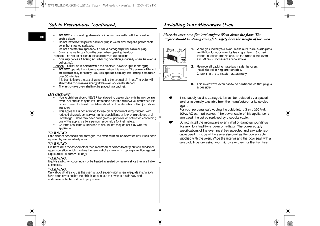 Samsung MW76N-B/ELE manual Safety Precautions Installing Your Microwave Oven 