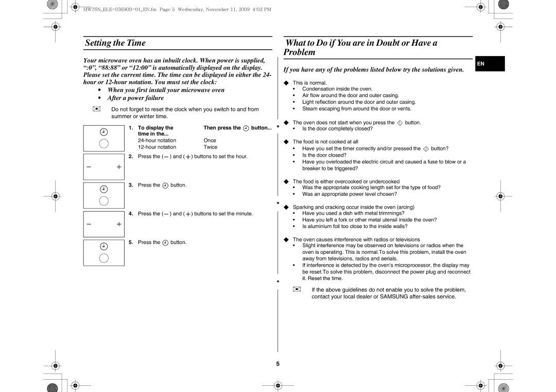 Samsung MW76N-B/ELE manual Setting the Time, What to Do if You are in Doubt or Have a Problem 