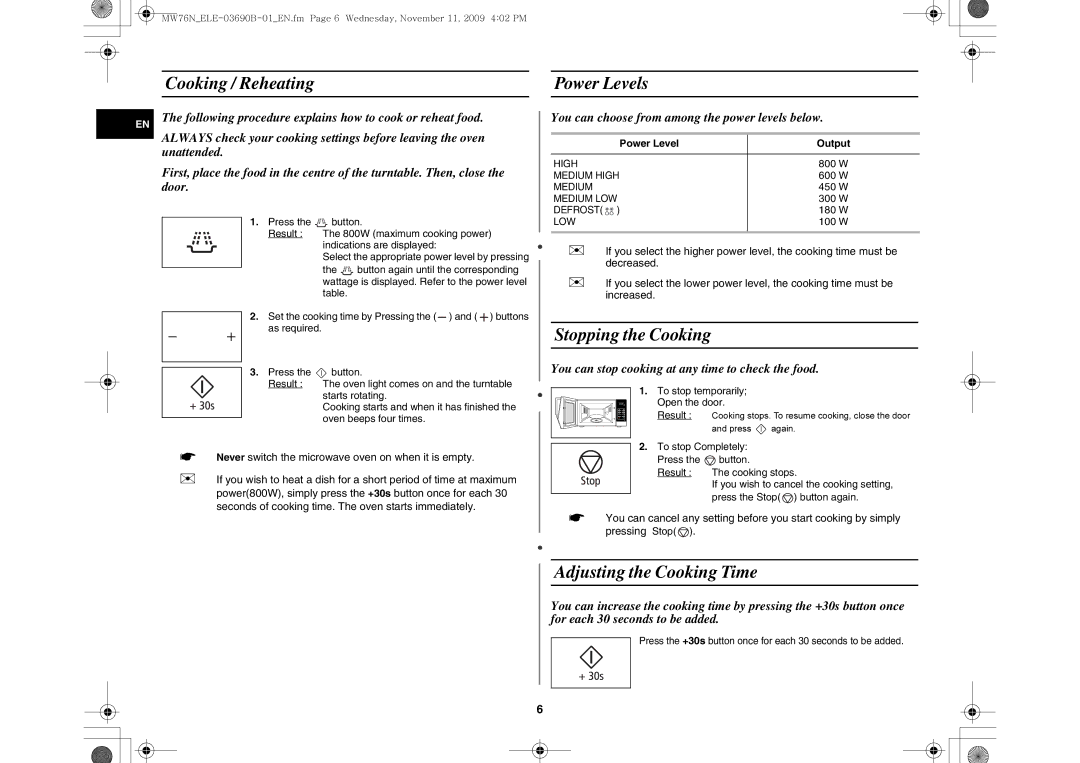 Samsung MW76N-B/ELE manual Cooking / Reheating Power Levels, Stopping the Cooking, Adjusting the Cooking Time 