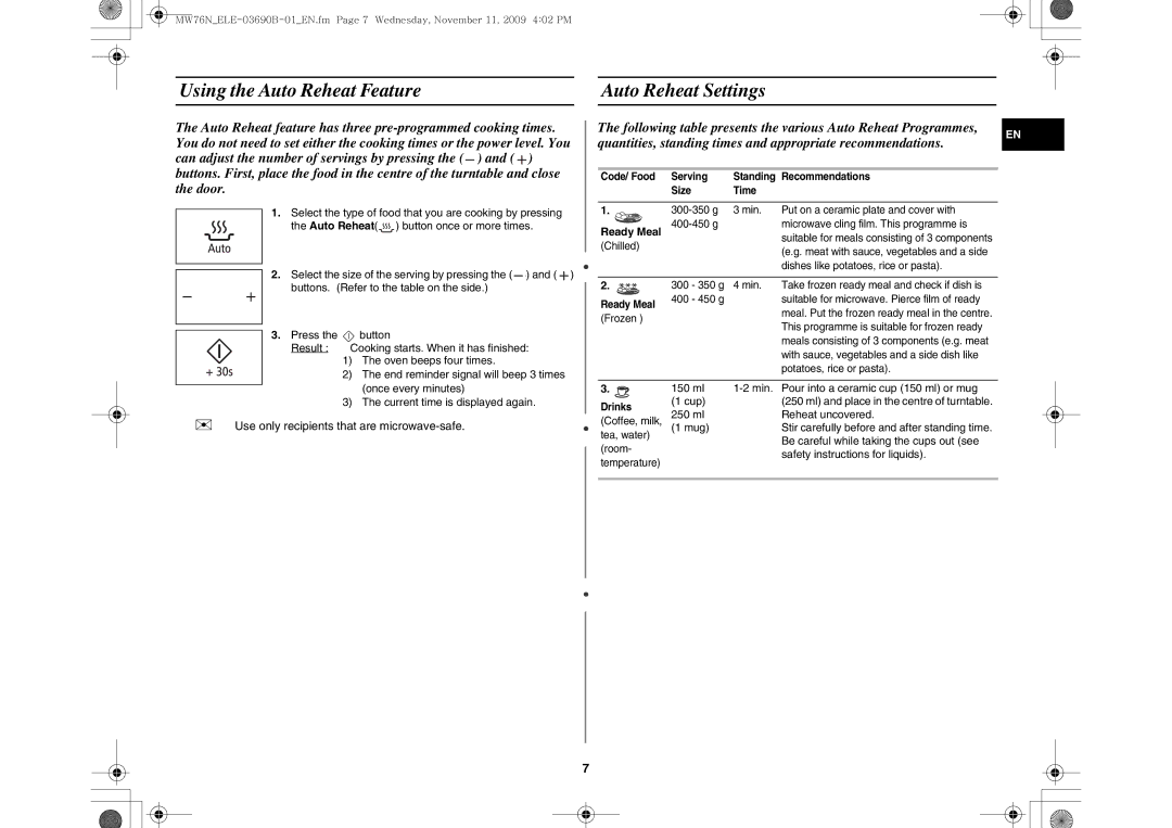 Samsung MW76N-B/ELE manual Using the Auto Reheat Feature Auto Reheat Settings, Ready Meal 