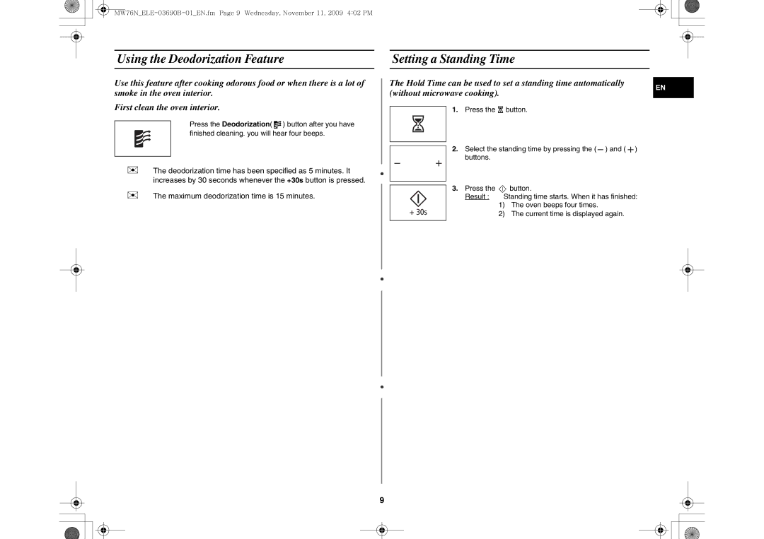 Samsung MW76N-B/ELE manual Using the Deodorization Feature Setting a Standing Time 