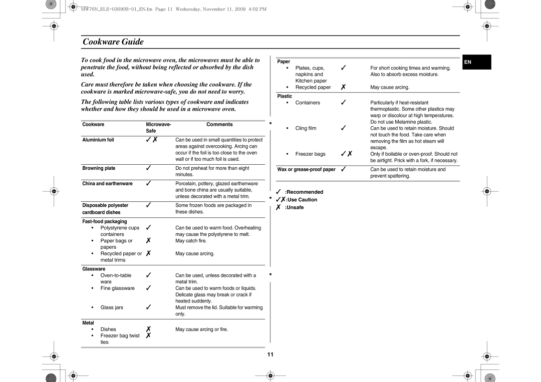 Samsung MW76N-B/ELE manual Cookware Guide, China and earthenware 