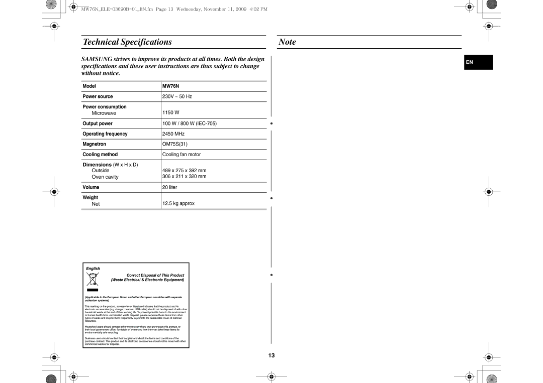 Samsung MW76N-B/ELE manual Technical Specifications, Microwave 