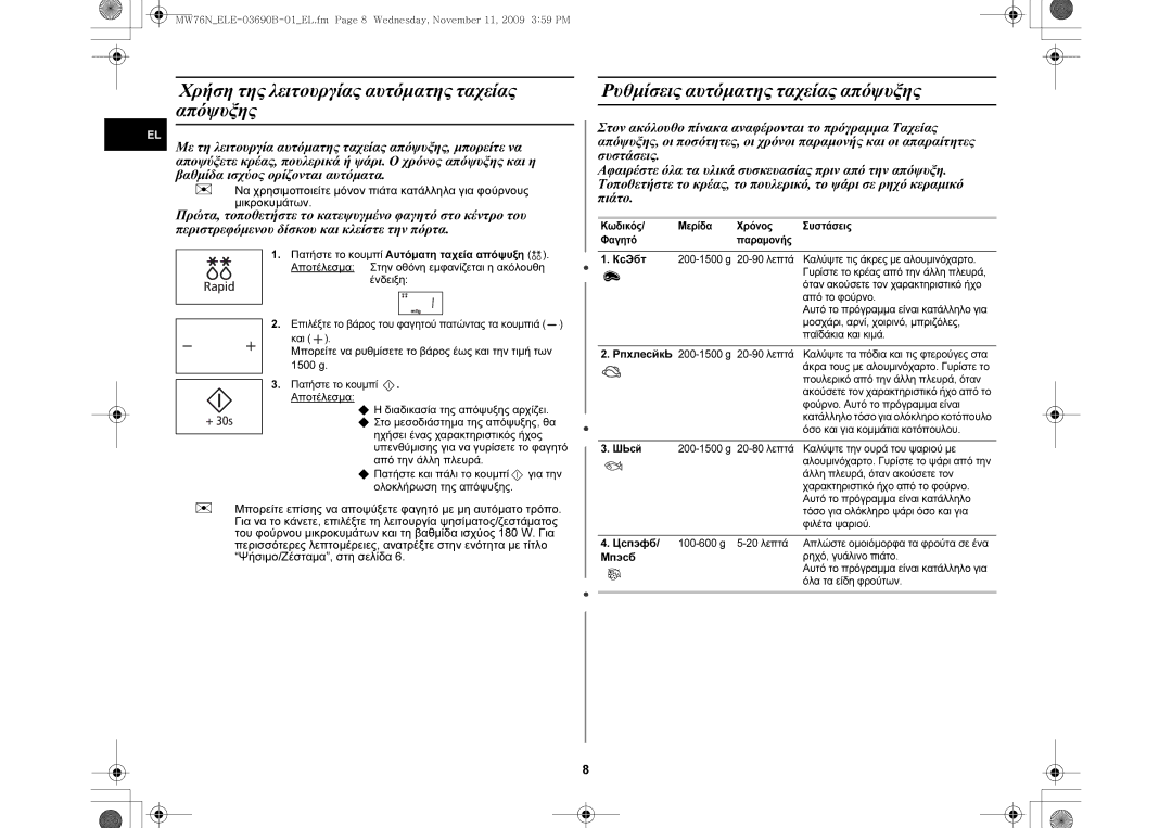 Samsung MW76N-B/ELE manual Χρήση της λειτουργίας αυτόματης ταχείας απόψυξης, Ρυθμίσεις αυτόματης ταχείας απόψυξης 