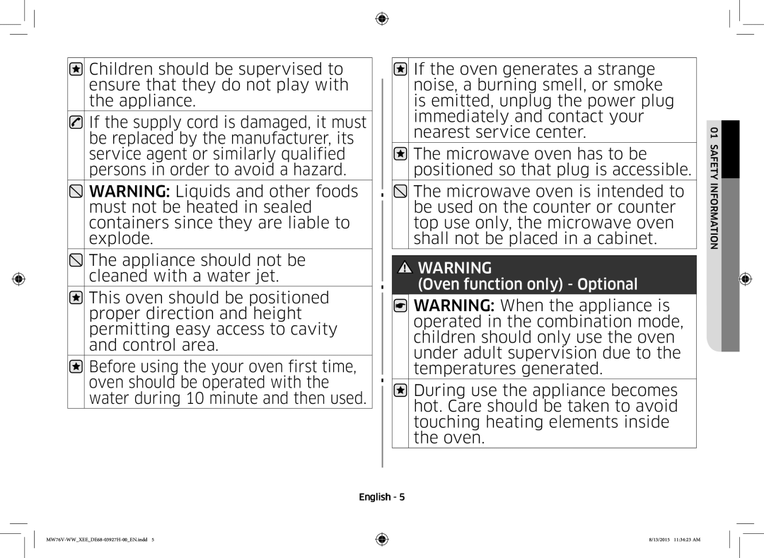 Samsung MW76V-WW/XEE manual Oven function only Optional 