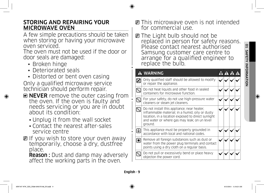 Samsung MW76V-WW/XEE manual Storing and Repairing Your Microwave Oven 