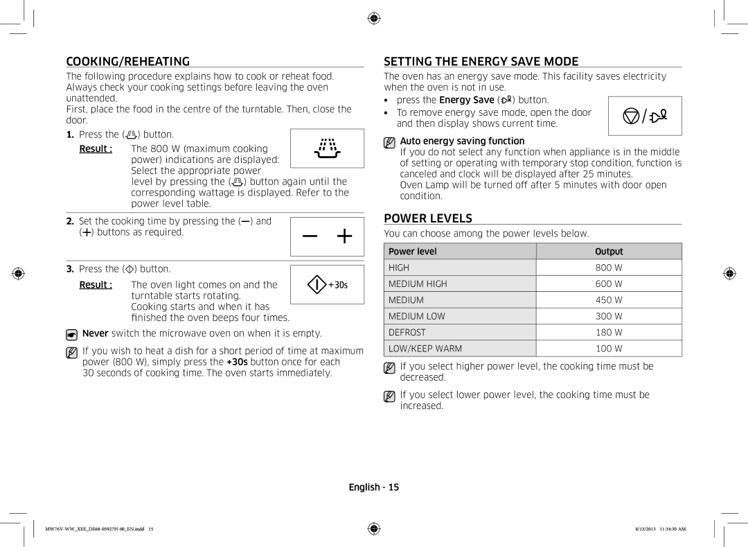 Samsung MW76V-WW/XEE manual Cooking/Reheating, Setting the Energy Save Mode, Power Levels 