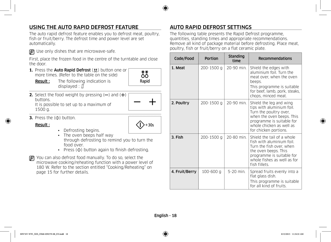 Samsung MW76V-WW/XEE manual Using the Auto Rapid Defrost Feature, Auto Rapid Defrost Settings 