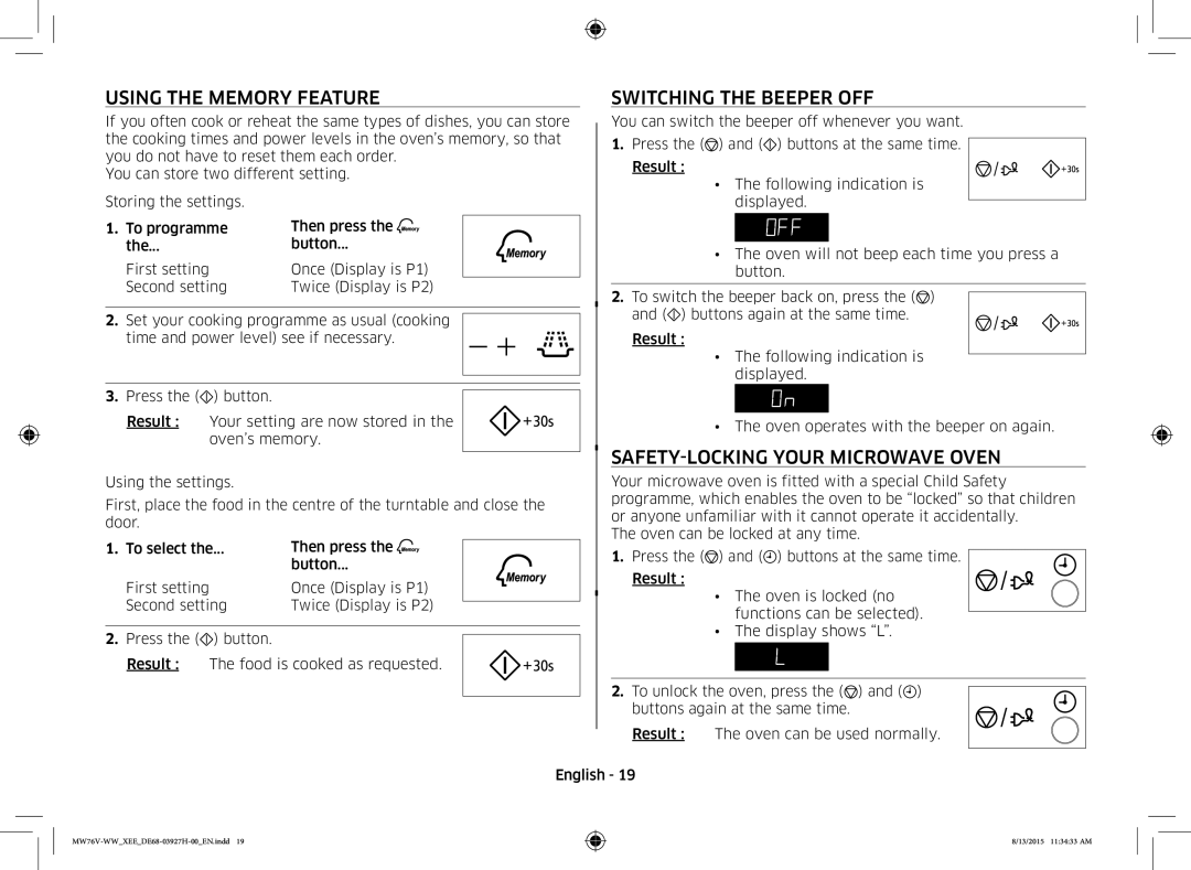 Samsung MW76V-WW/XEE manual Using the Memory Feature Switching the Beeper OFF, SAFETY-LOCKING Your Microwave Oven 