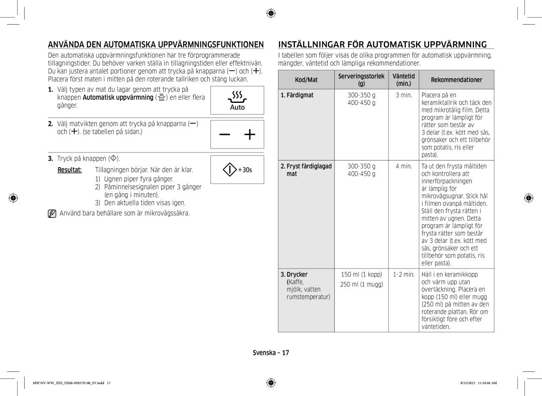 Samsung MW76V-WW/XEE manual Inställningar FÖR Automatisk Uppvärmning, Använda DEN Automatiska Uppvärmningsfunktionen 