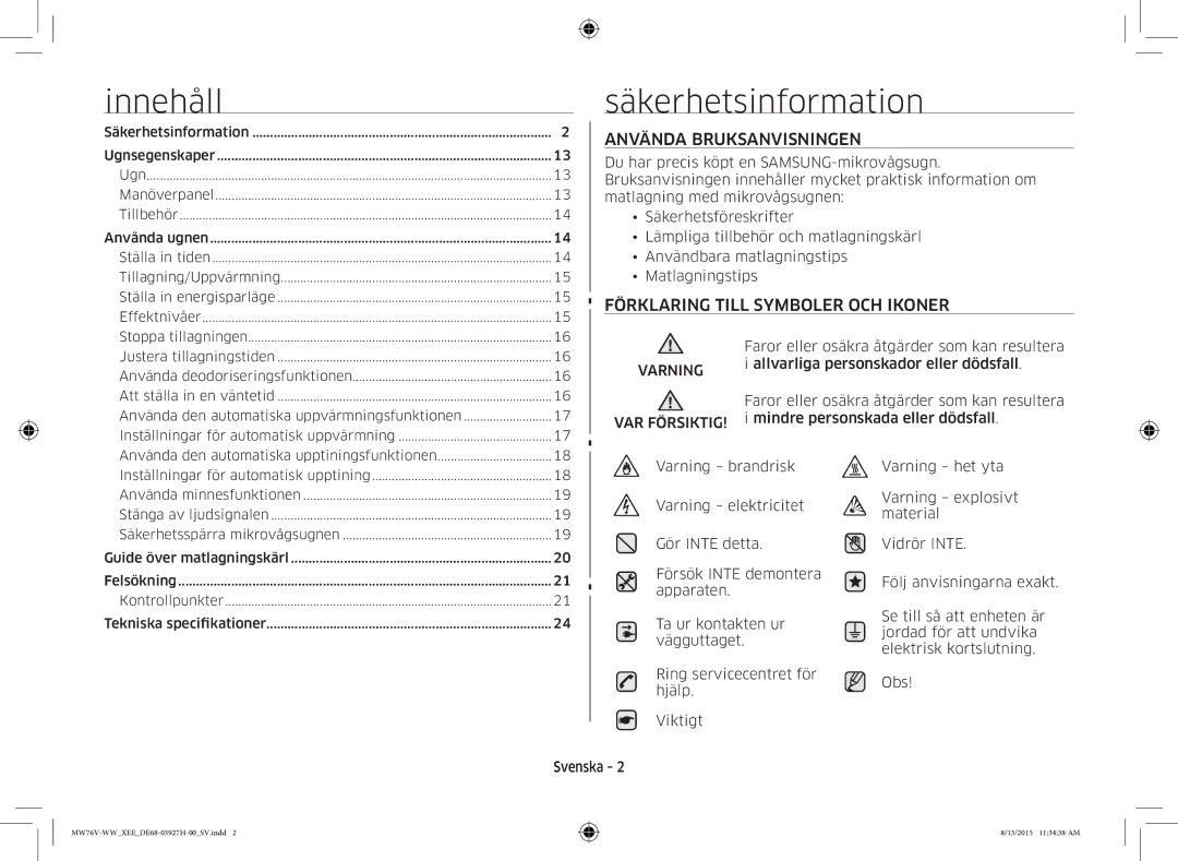 Samsung MW76V-WW/XEE manual Innehåll, Säkerhetsinformation 