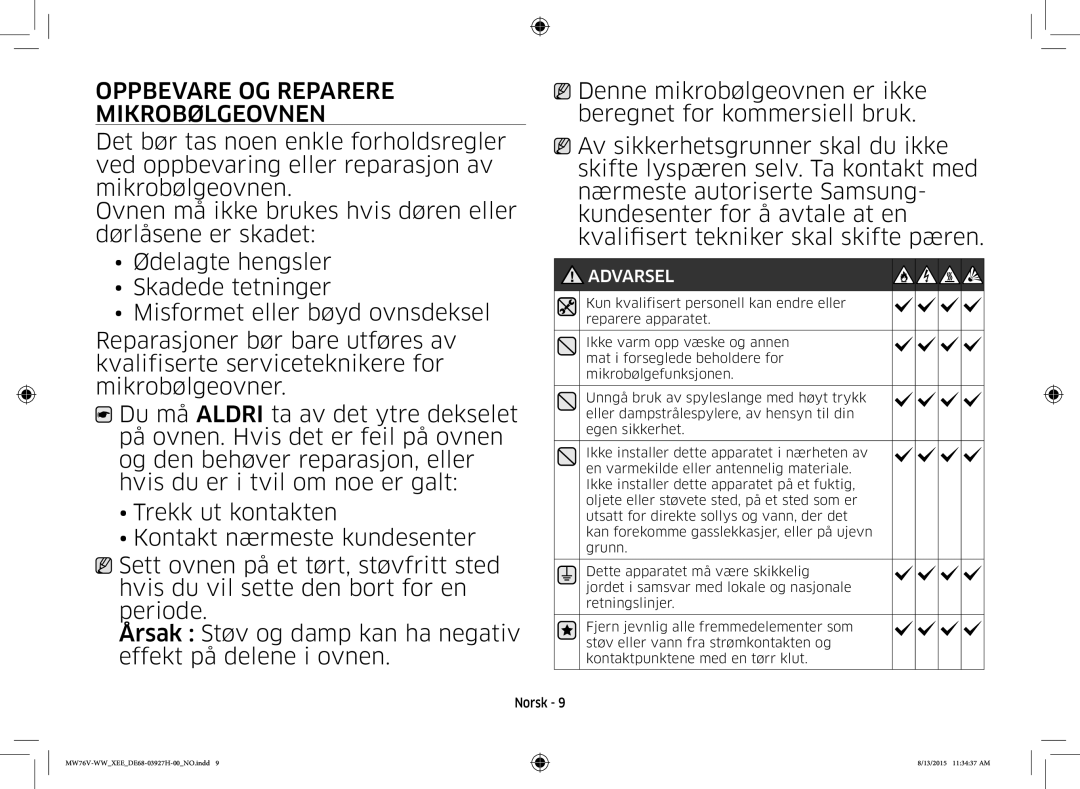 Samsung MW76V-WW/XEE manual Oppbevare OG Reparere Mikrobølgeovnen 