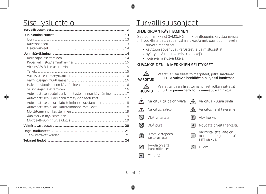 Samsung MW76V-WW/XEE manual Sisällysluettelo, Turvallisuusohjeet 