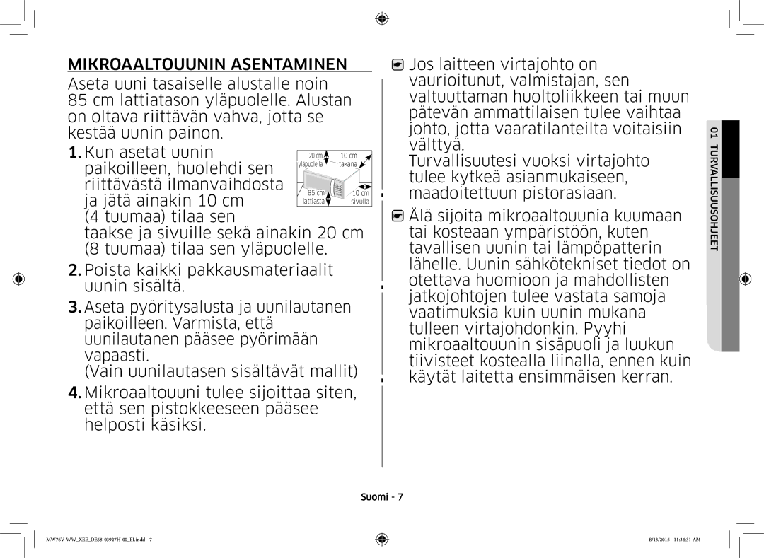 Samsung MW76V-WW/XEE manual Mikroaaltouunin Asentaminen 