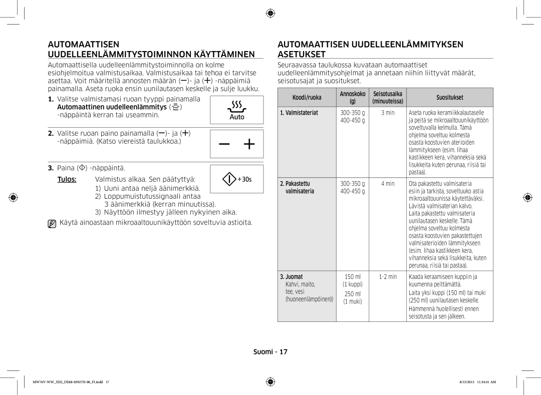 Samsung MW76V-WW/XEE Automaattisen Uudelleenlämmitystoiminnon Käyttäminen, Automaattisen Uudelleenlämmityksen Asetukset 