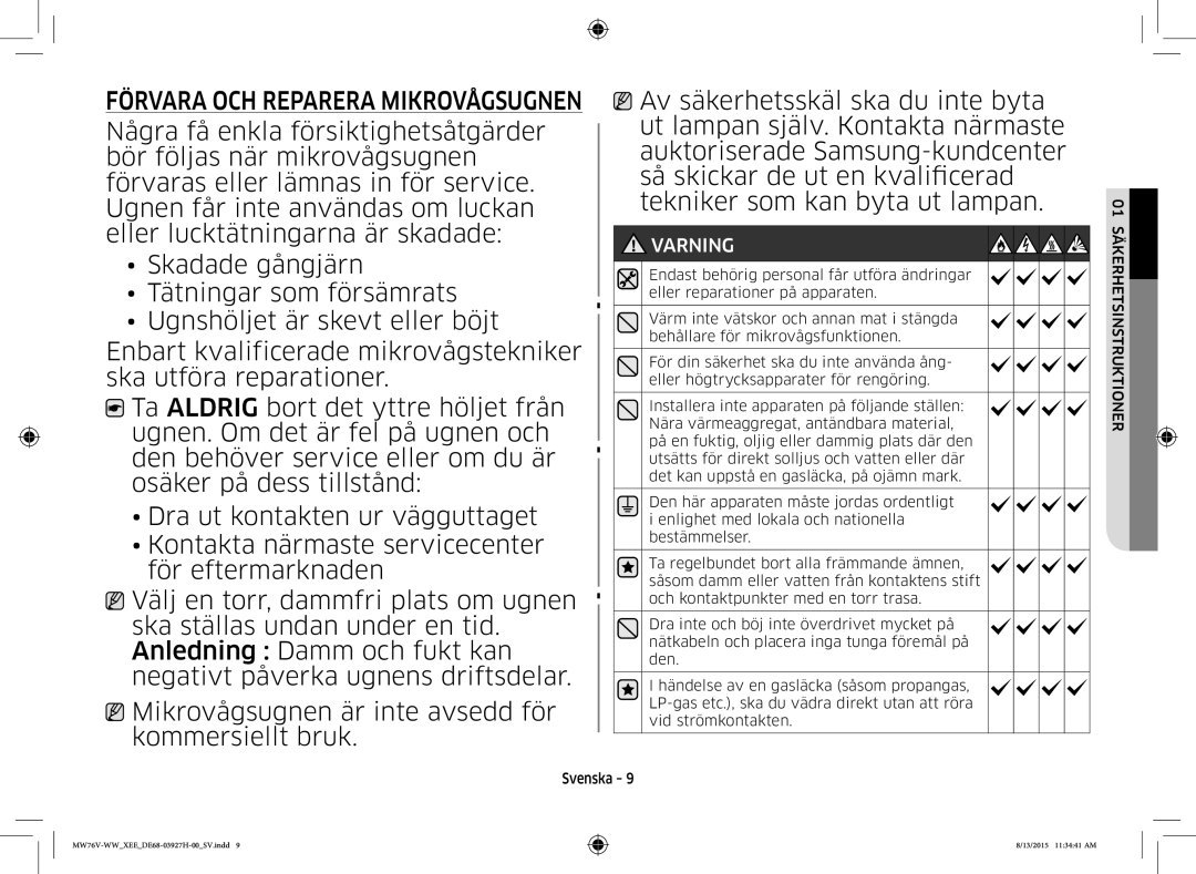 Samsung MW76V-WW/XEE manual Förvara OCH Reparera Mikrovågsugnen 