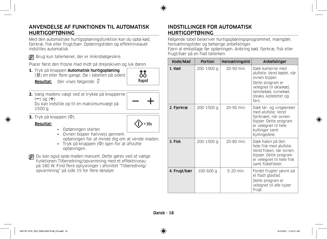 Samsung MW76V-WW/XEE Anvendelse AF Funktionen TIL Automatisk Hurtigoptøning, Indstillinger for Automatisk Hurtigoptøning 