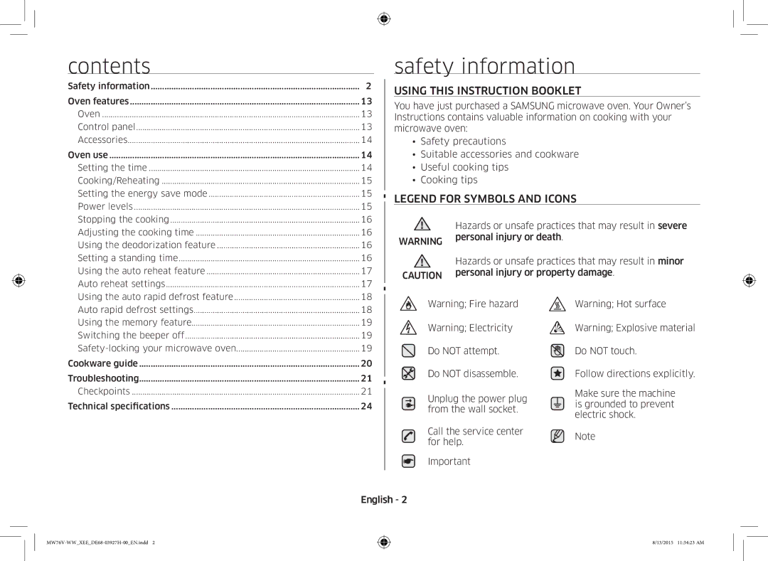 Samsung MW76V-WW/XEE manual Contents, Safety information 