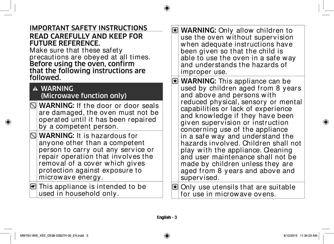 Samsung MW76V-WW/XEE manual Read Carefully and Keep for Future Reference 