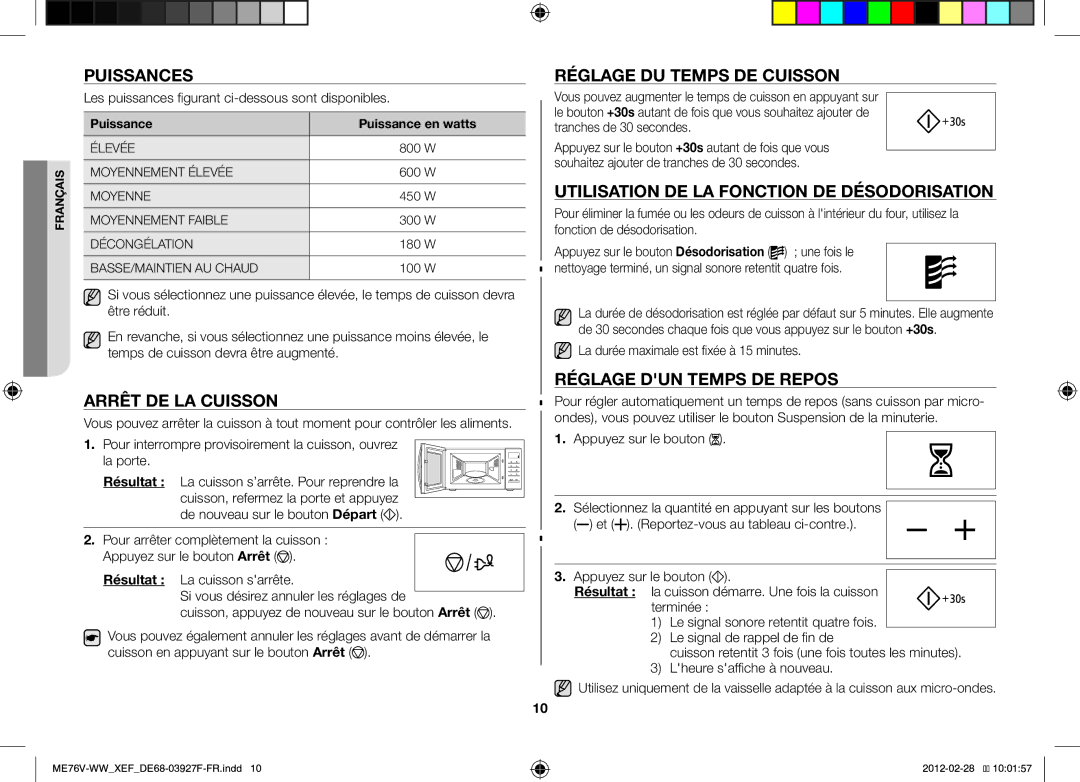 Samsung MW76V-WW/XEF manual Puissances, Arrêt DE LA Cuisson, Réglage DU Temps DE Cuisson, Réglage DUN Temps DE Repos 