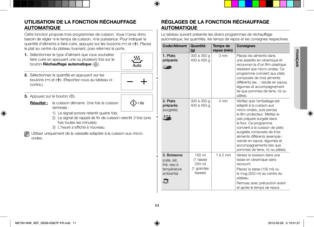 Samsung MW76V-WW/XEF Utilisation DE LA Fonction Réchauffage Automatique, Réglages DE LA Fonction Réchauffage Automatique 