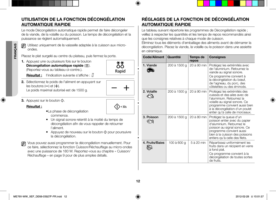 Samsung MW76V-WW/XEF manual Utilisation DE LA Fonction Décongélation Automatique Rapide 