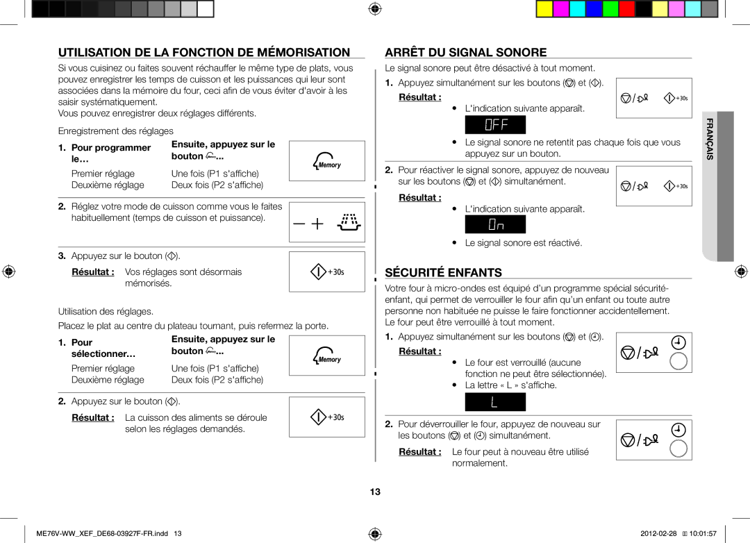 Samsung MW76V-WW/XEF manual Utilisation DE LA Fonction DE Mémorisation, Arrêt DU Signal Sonore, Sécurité Enfants 