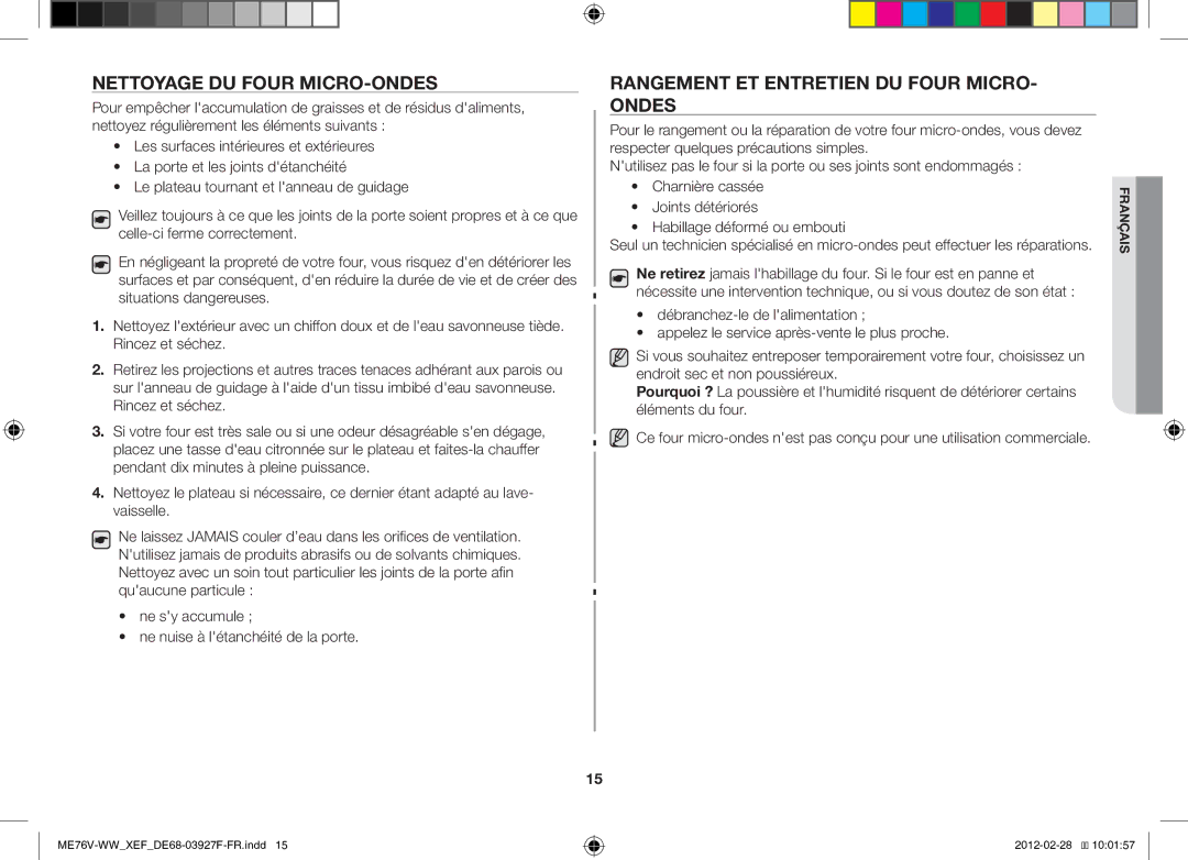 Samsung MW76V-WW/XEF manual Nettoyage DU Four MICRO-ONDES, Rangement ET Entretien DU Four MICRO- Ondes 