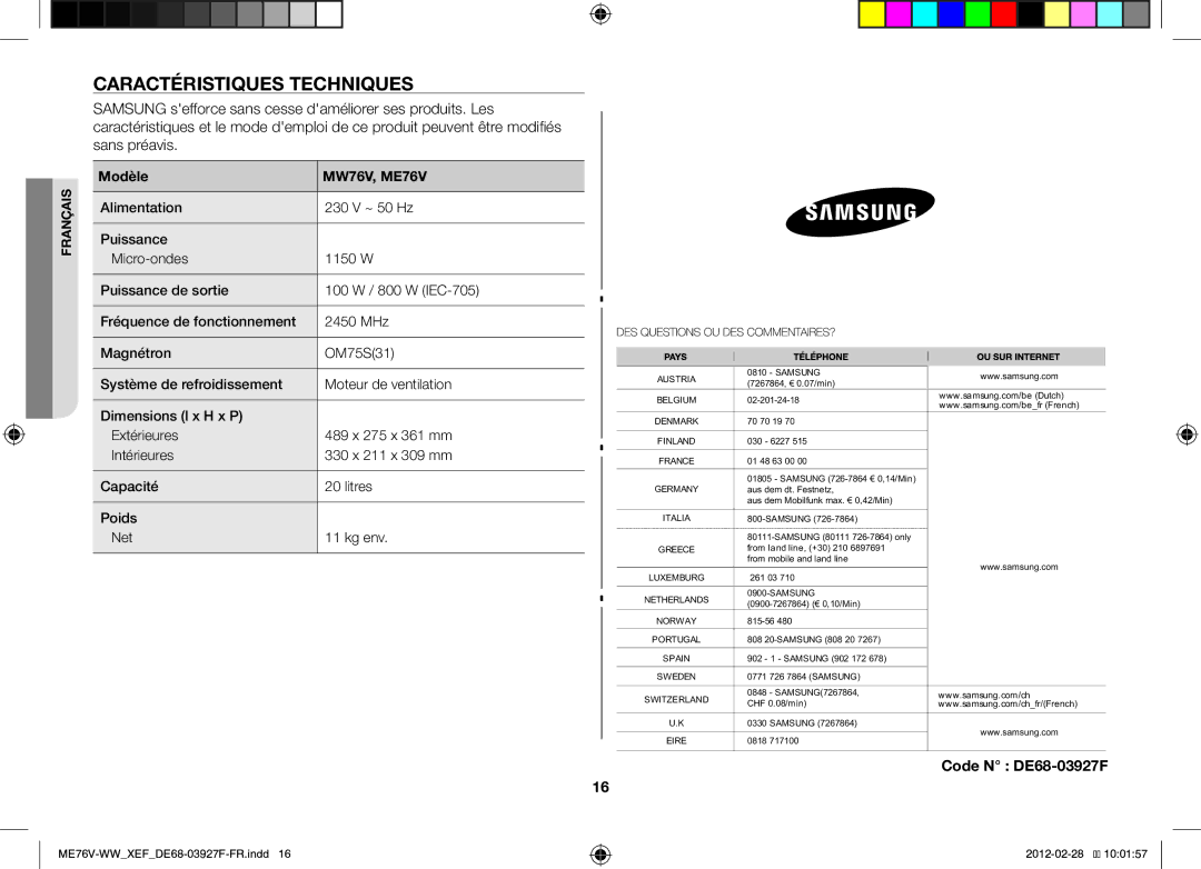 Samsung MW76V-WW/XEF manual Caractéristiques Techniques, Modèle MW76V, ME76V 