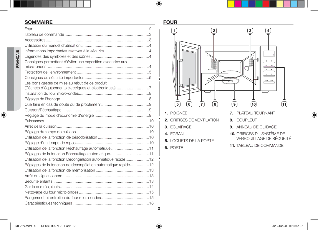 Samsung MW76V-WW/XEF manual Sommaire, Four, Consignes permettant d’éviter une exposition excessive aux 