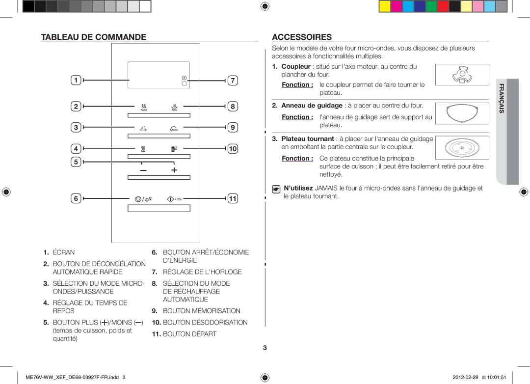 Samsung MW76V-WW/XEF manual Tableau DE Commande Accessoires, Bouton Plus /MOINS temps de cuisson, poids et quantité 