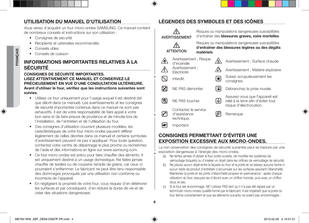 Samsung MW76V-WW/XEF manual Informations Importantes Relatives À LA Sécurité 